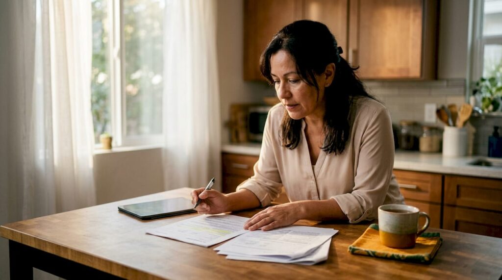 Woman reviewing moving insurance documents