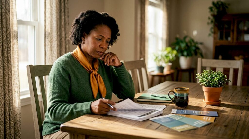 Woman reviewing moving contract at kitchen table