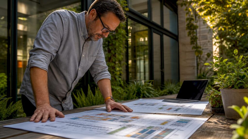 Data center relocation specialist reviewing server diagrams