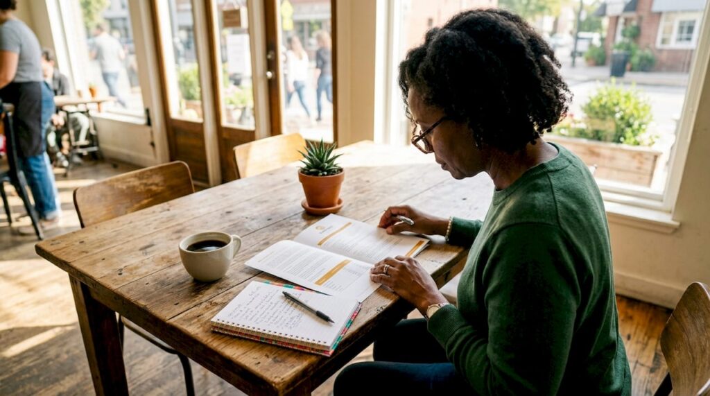 Woman reviewing moving cost estimate at kitchen table