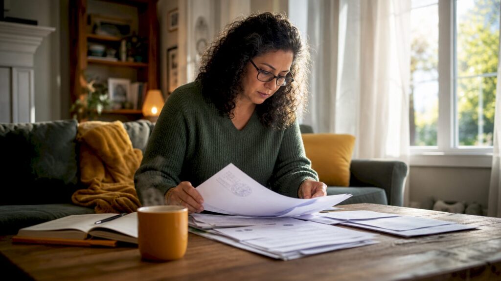 Woman reviewing interstate moving paperwork at home