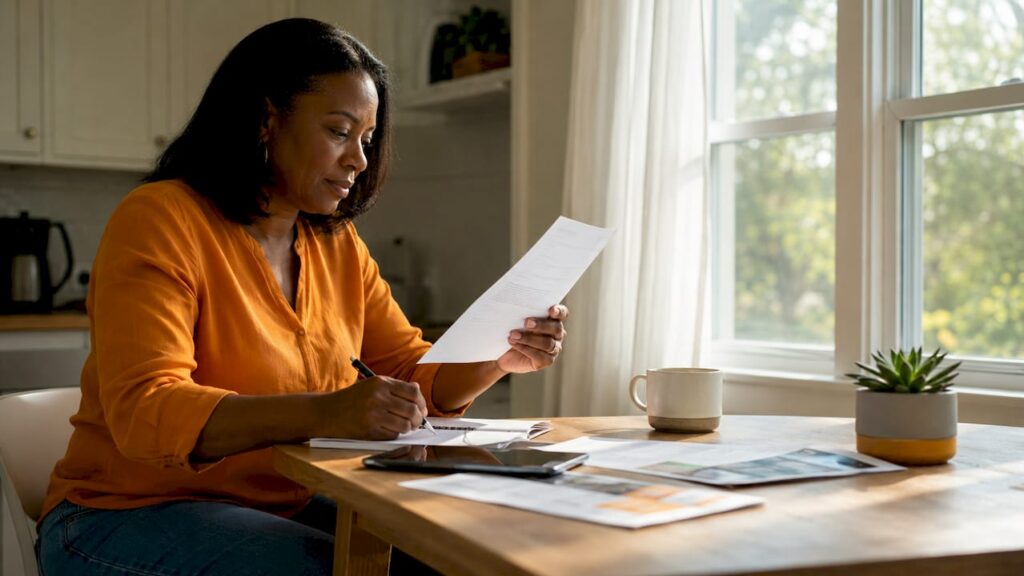 Woman organizing interstate moving documents at home desk