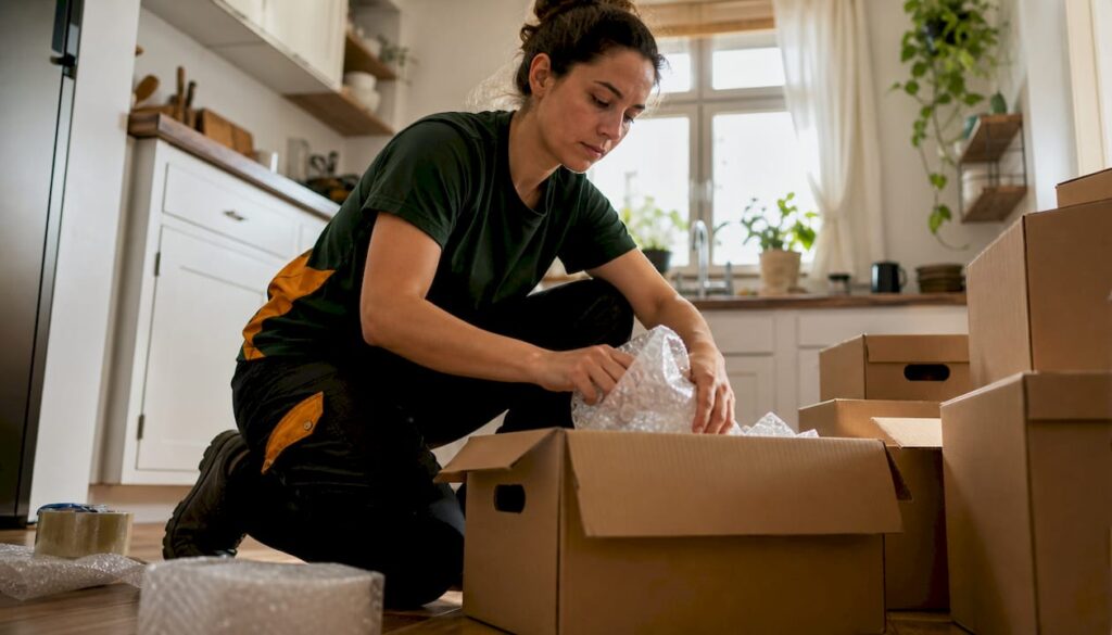 Mover packing fragile items in living room