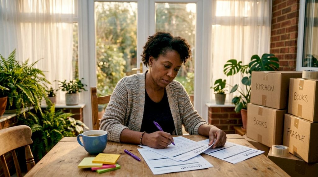 Woman reviewing moving documents at kitchen table