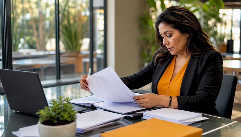 Businesswoman reviewing commercial moving timeline documents