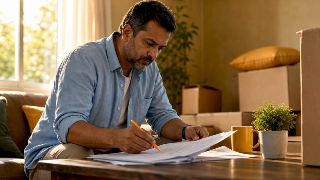 Man preparing for long distance move with documents
