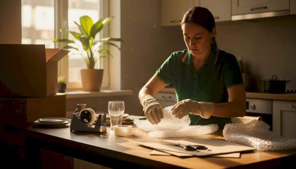 Professional carefully wrapping glassware for move