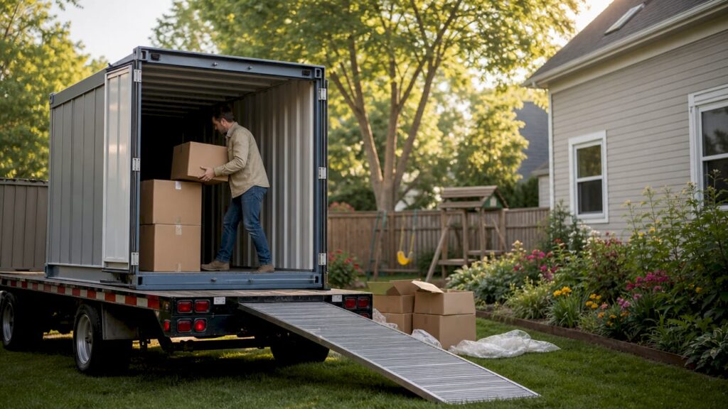 Mobile storage container being loaded on driveway