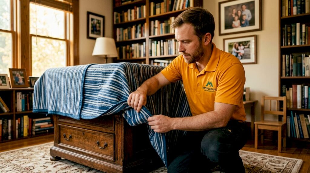 Mover wrapping furniture for residential moving