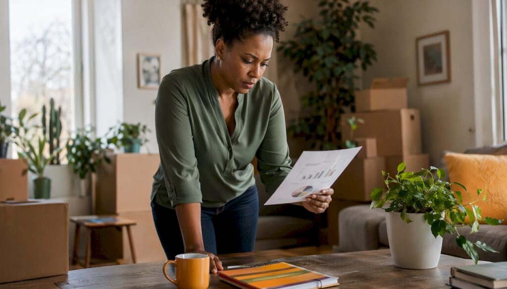 Woman studying relocation data at home