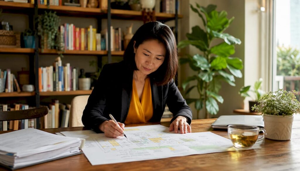 Businesswoman reviewing relocation planning documents at conference table