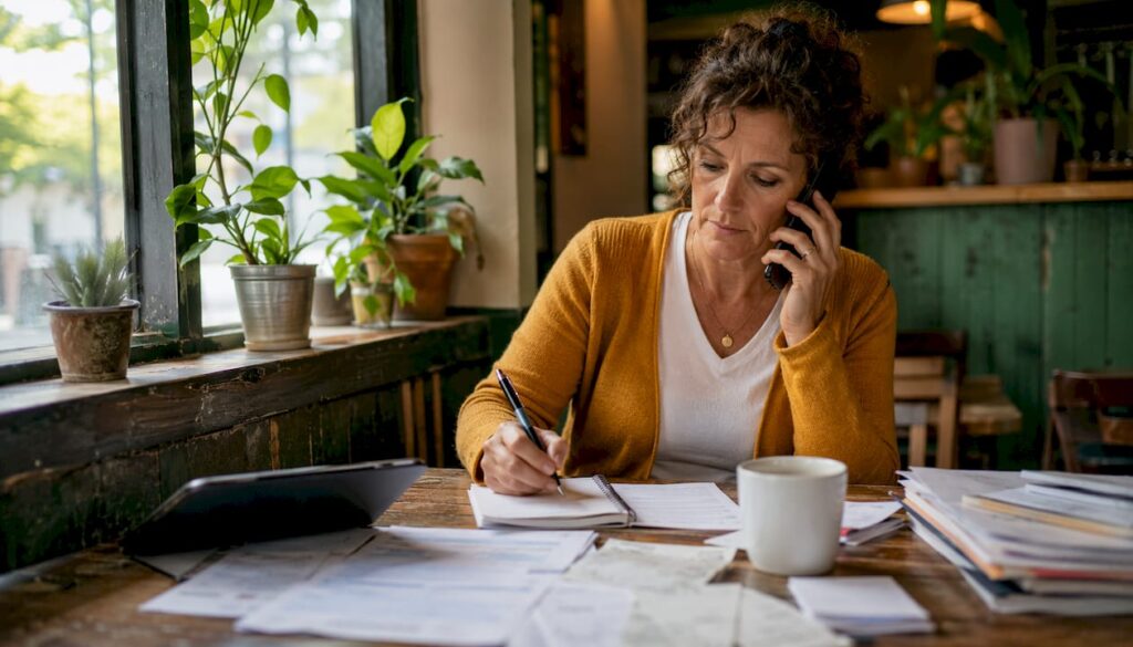 Woman organizing utility bills and making calls