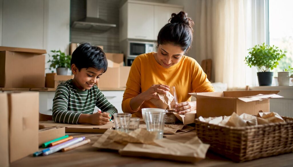 Mother packing fragile items with child nearby