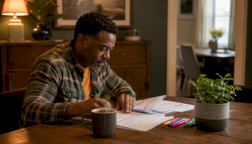 Man reviewing moving service quotes at home table
