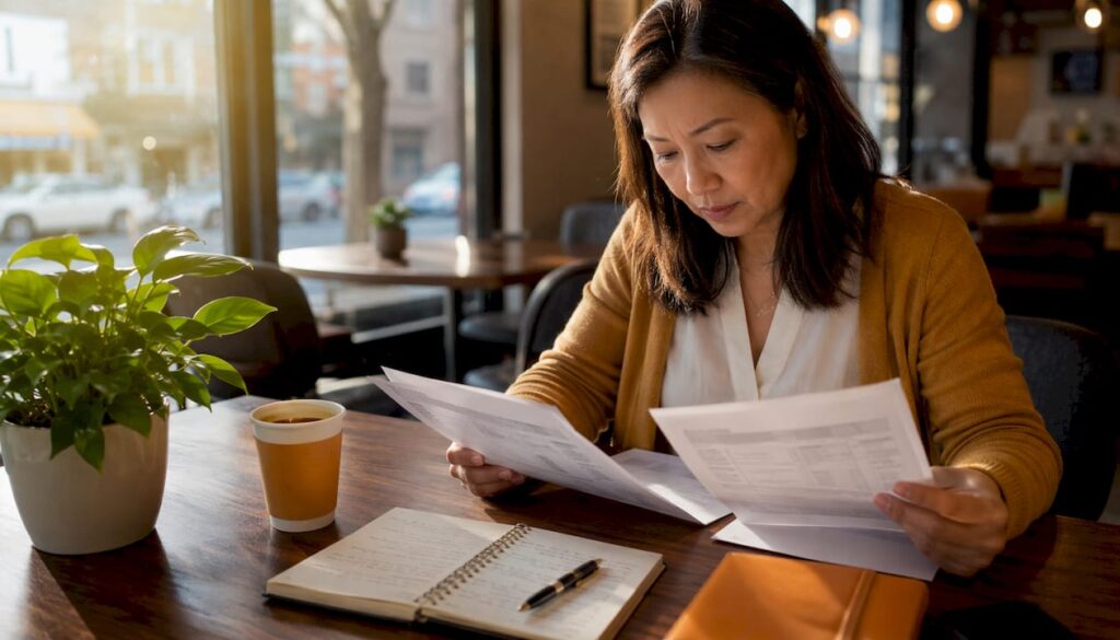 Person comparing moving quotes at home office table