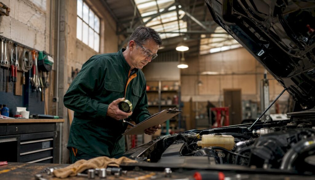 Mechanic checking car engine with checklist
