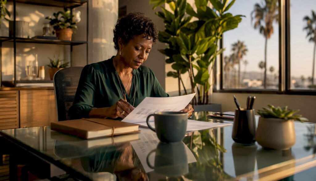 Relocation consultant reviewing plan in office