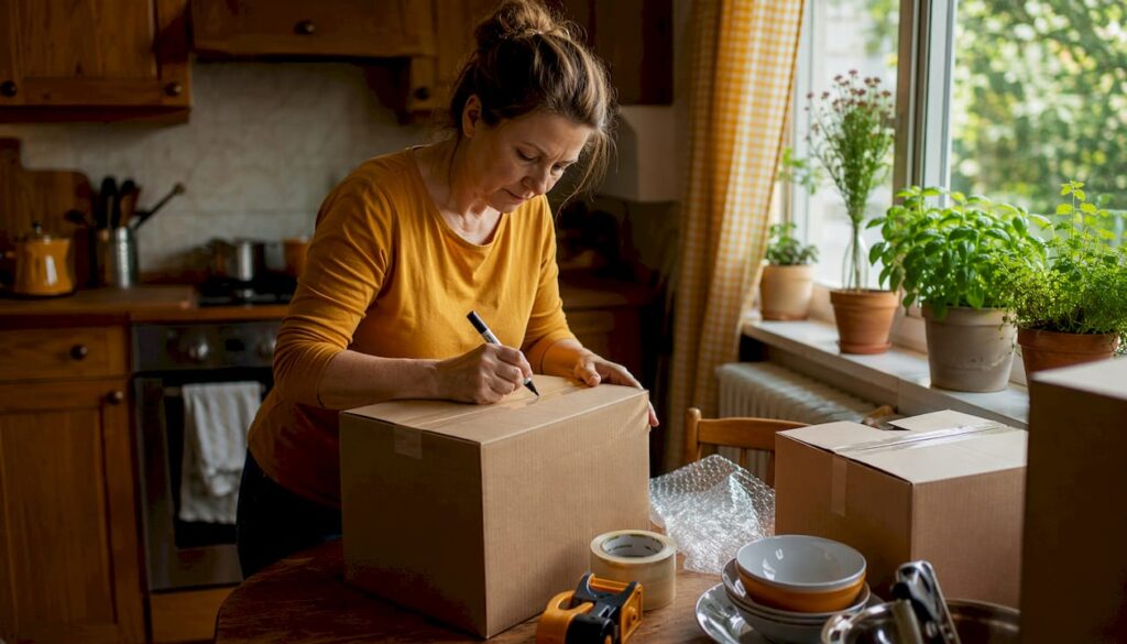 Woman labeling moving boxes in living room