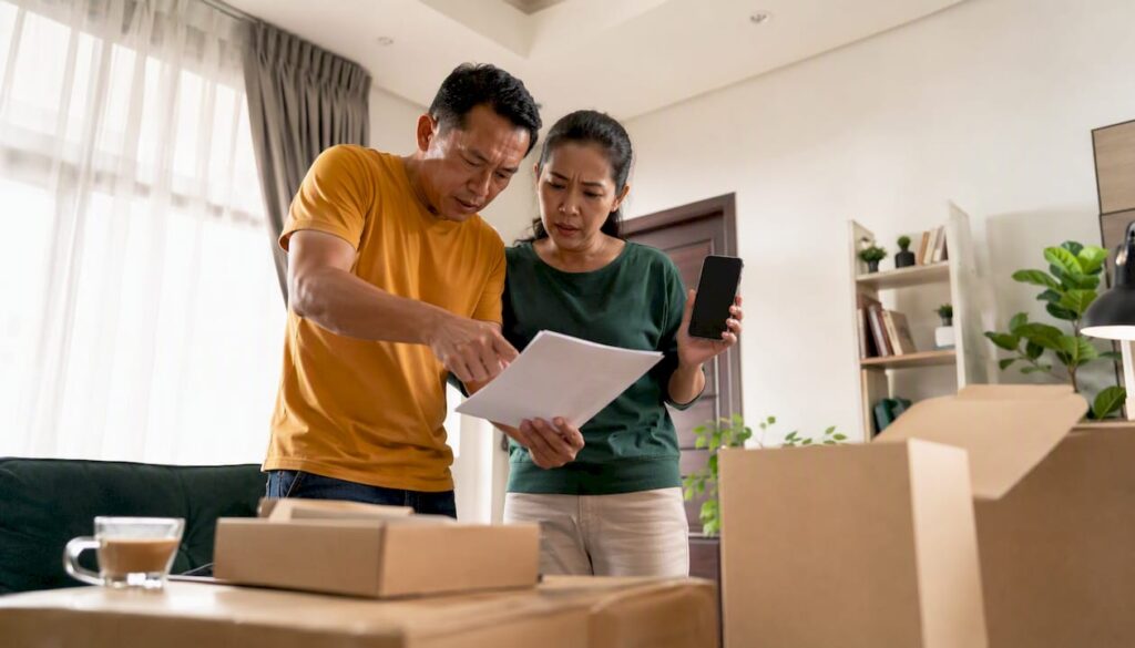 Couple reviewing moving contract at table