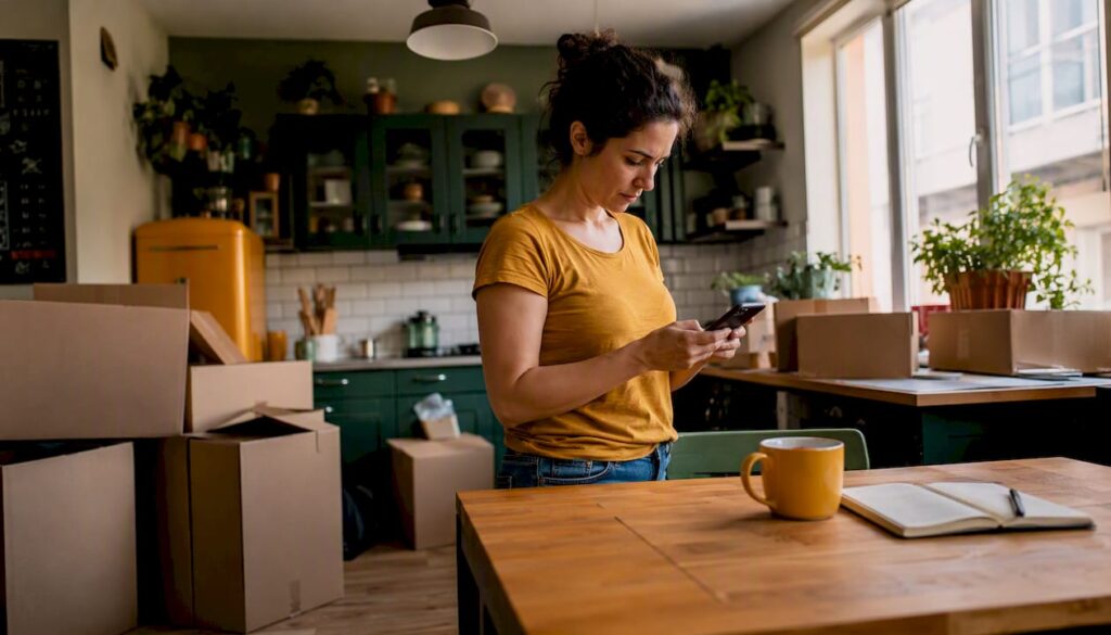 Young woman booking last-minute local move on phone