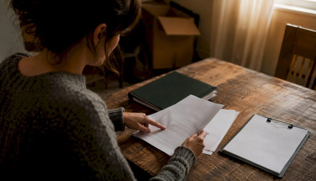 Hands reviewing moving valuation insurance paperwork