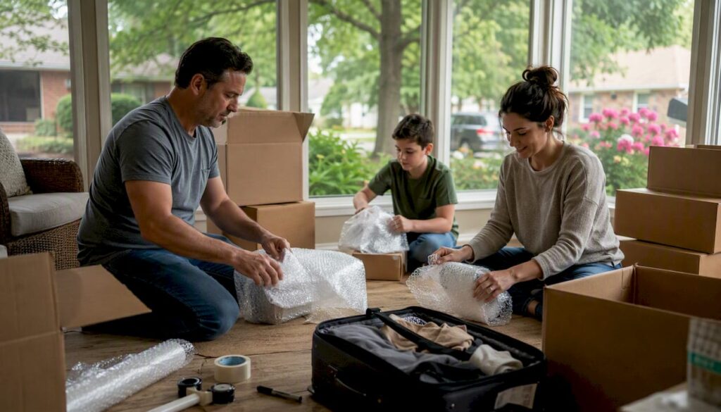 Family packing boxes for moving