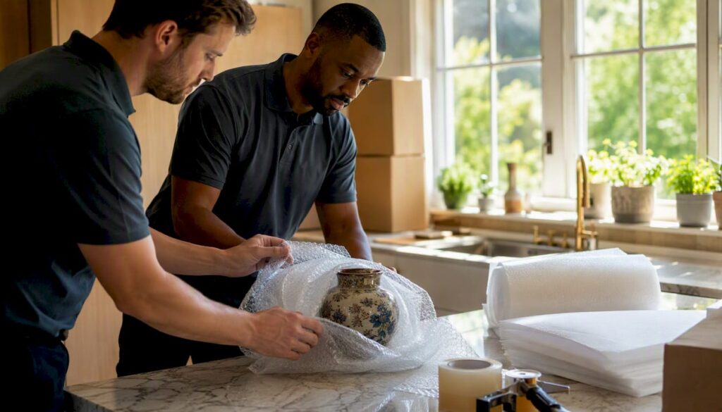 Movers wrapping antique vase