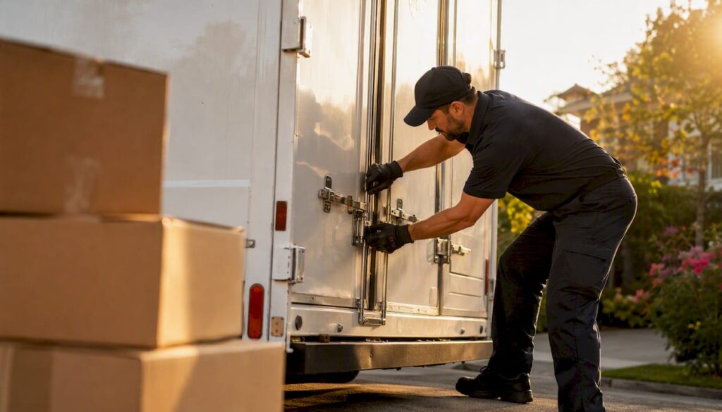 Mover locking moving truck at house