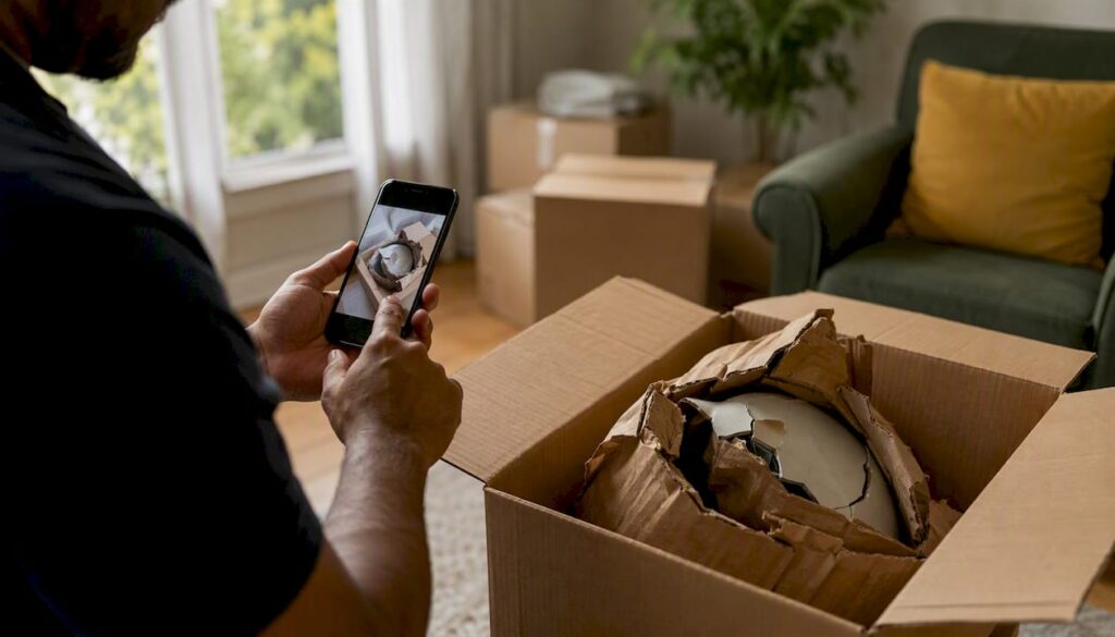 Photographing damaged items inside moving box