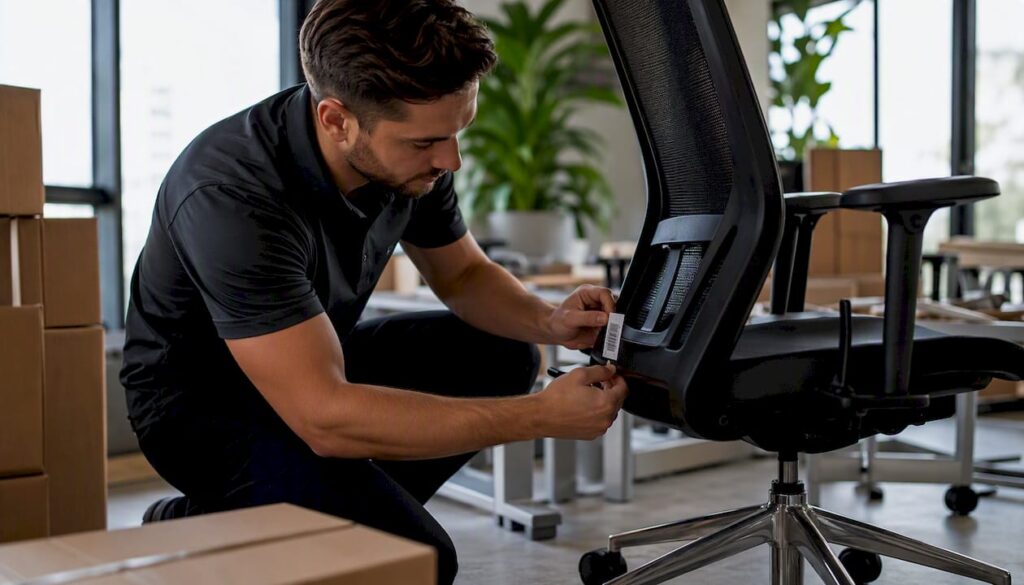 Worker tagging office chair with barcode