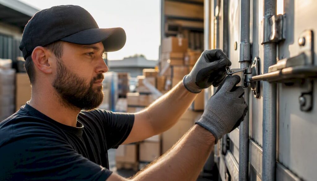 Mover inspecting shipping container lock