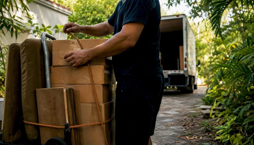Mover handling boxes in Florida driveway
