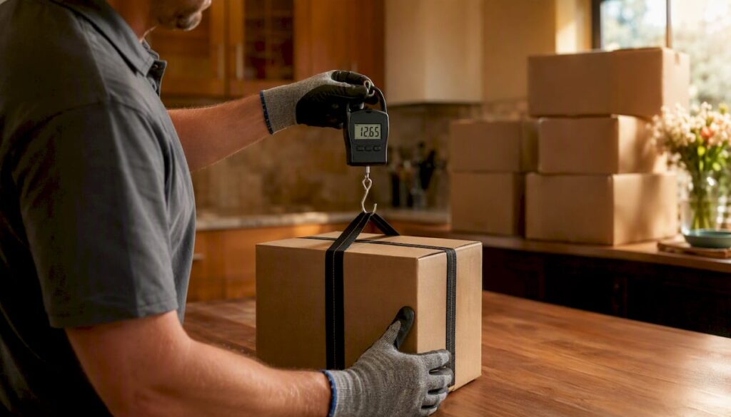 Mover weighing packed box during move