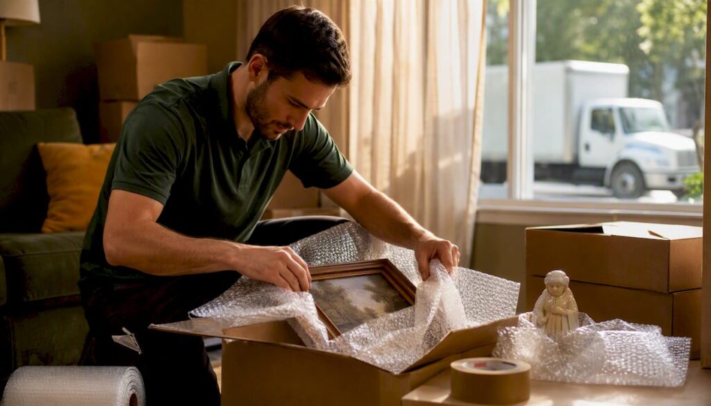 Mover carefully wrapping fragile items