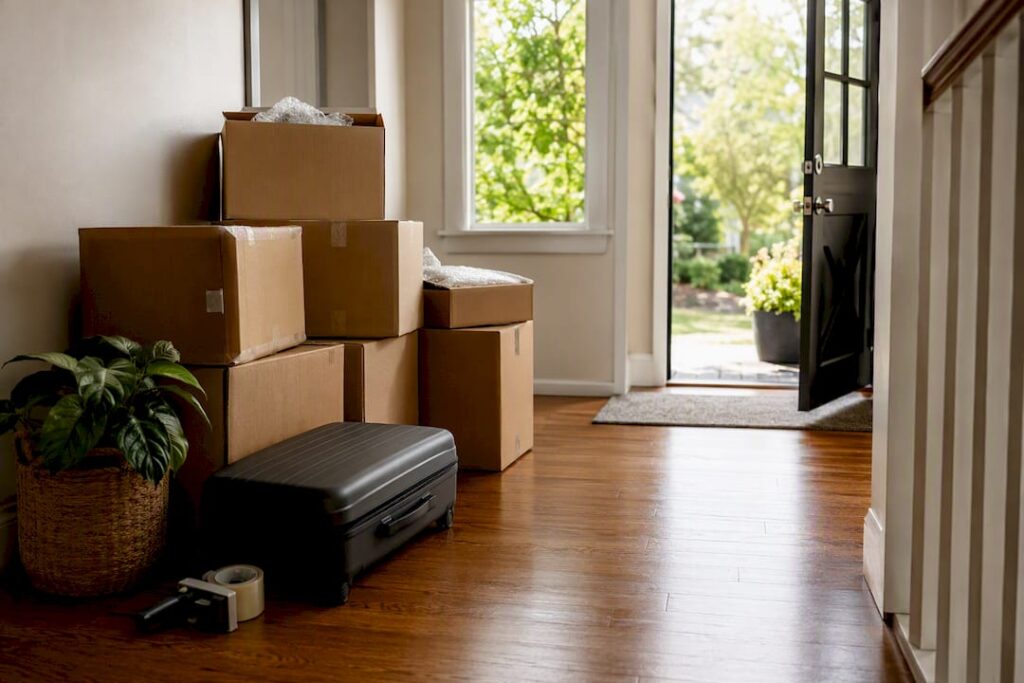Neatly packed moving boxes by entryway