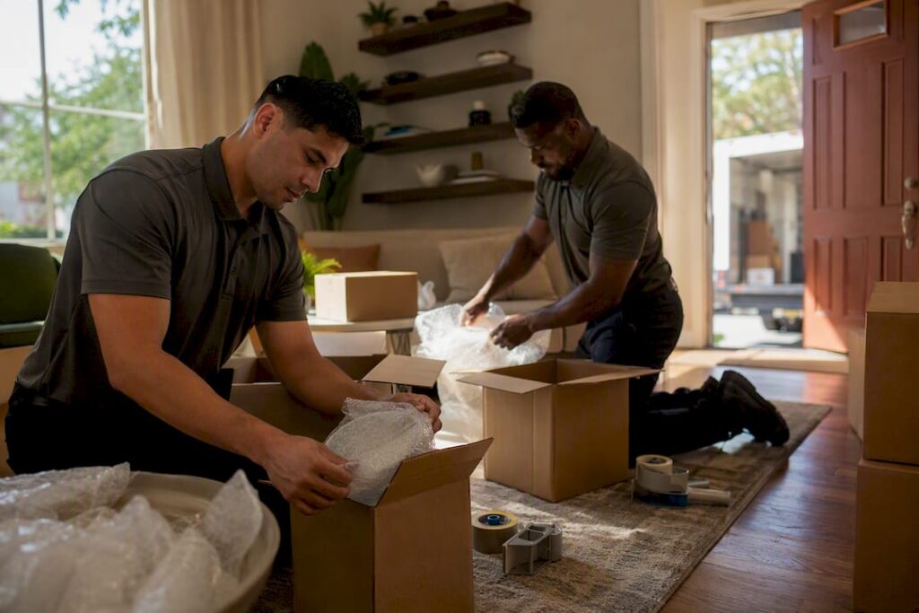 Movers packing boxes in home living room