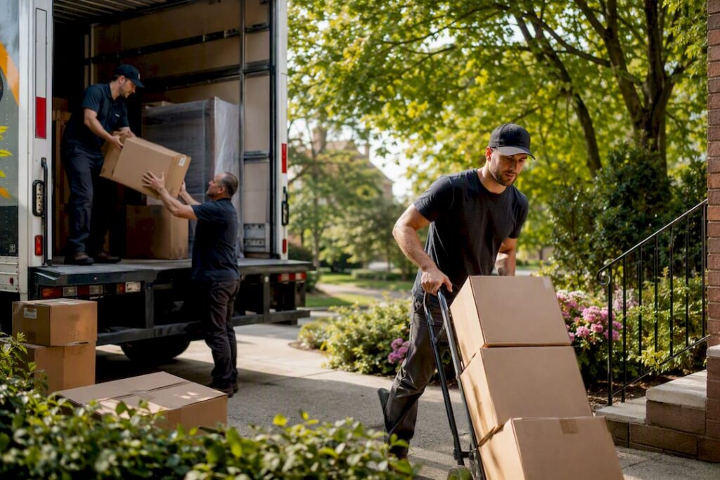 Moving crew loading boxes into truck