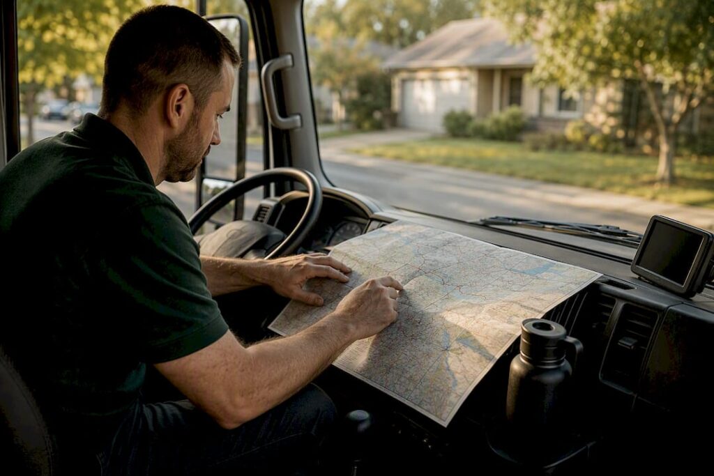 Mover inside truck planning delivery route on map