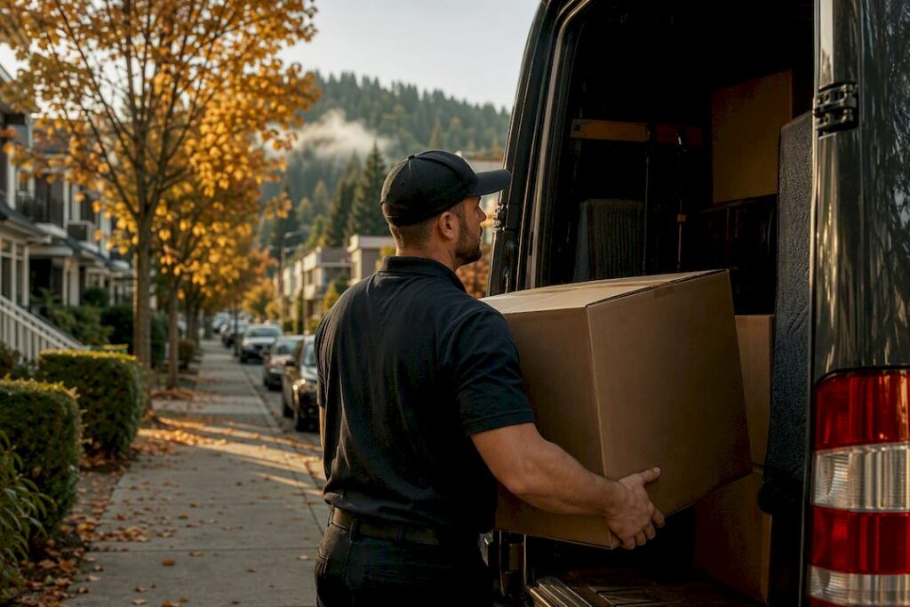 Mover loading box into truck on Seattle street