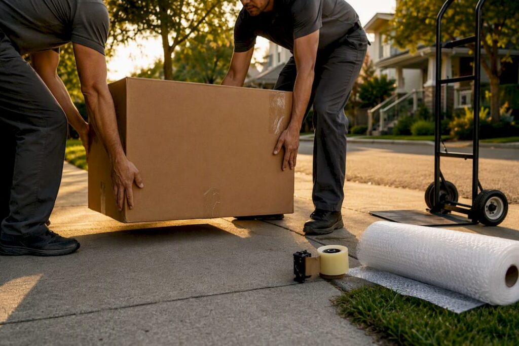 Movers lifting a box on a driveway