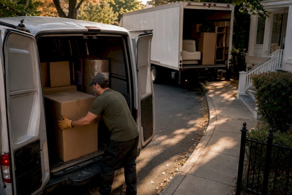Smaller shuttle truck loading moving boxes