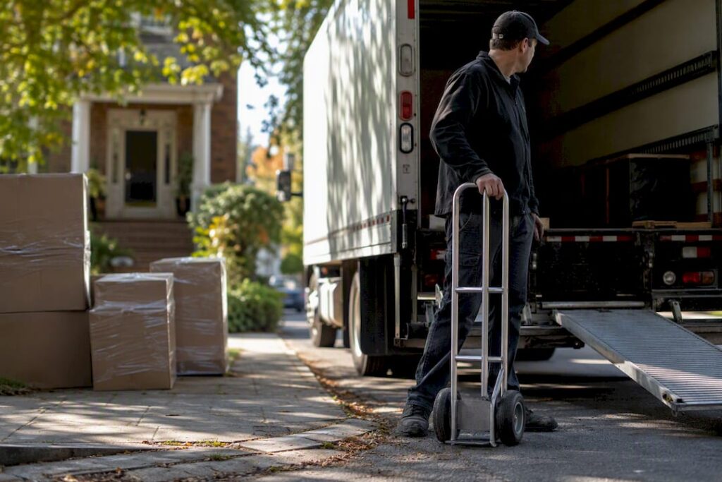 Parked moving truck waiting outside a home