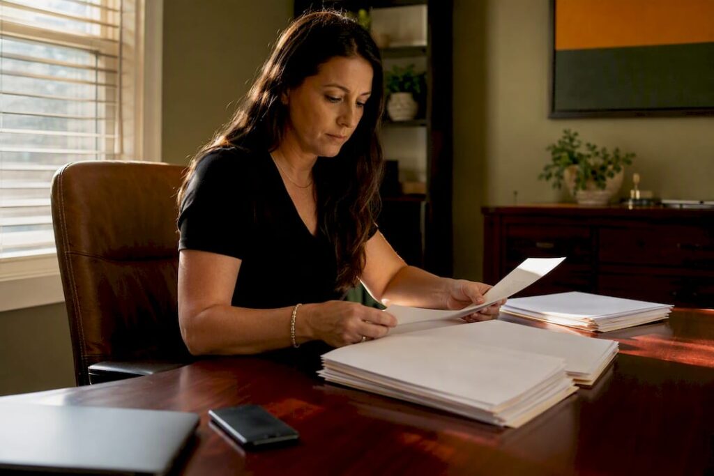 Hands organizing blank insurance certificates at desk