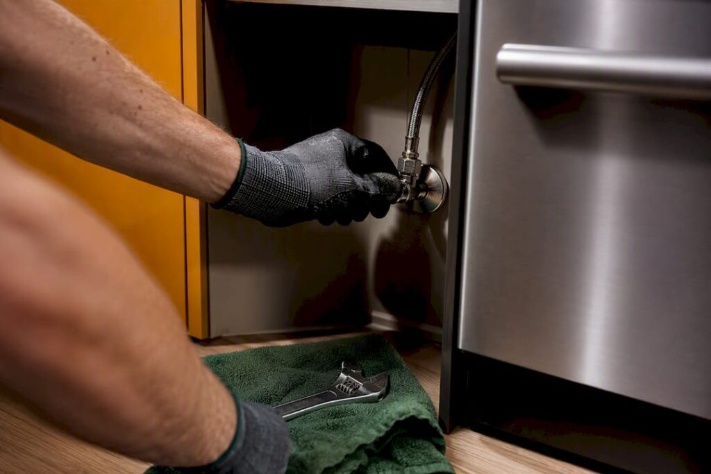 Technician closing appliance water supply valve