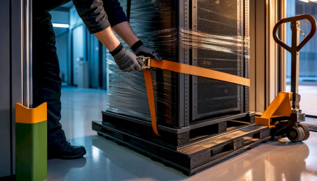 Server rack secured for professional relocation