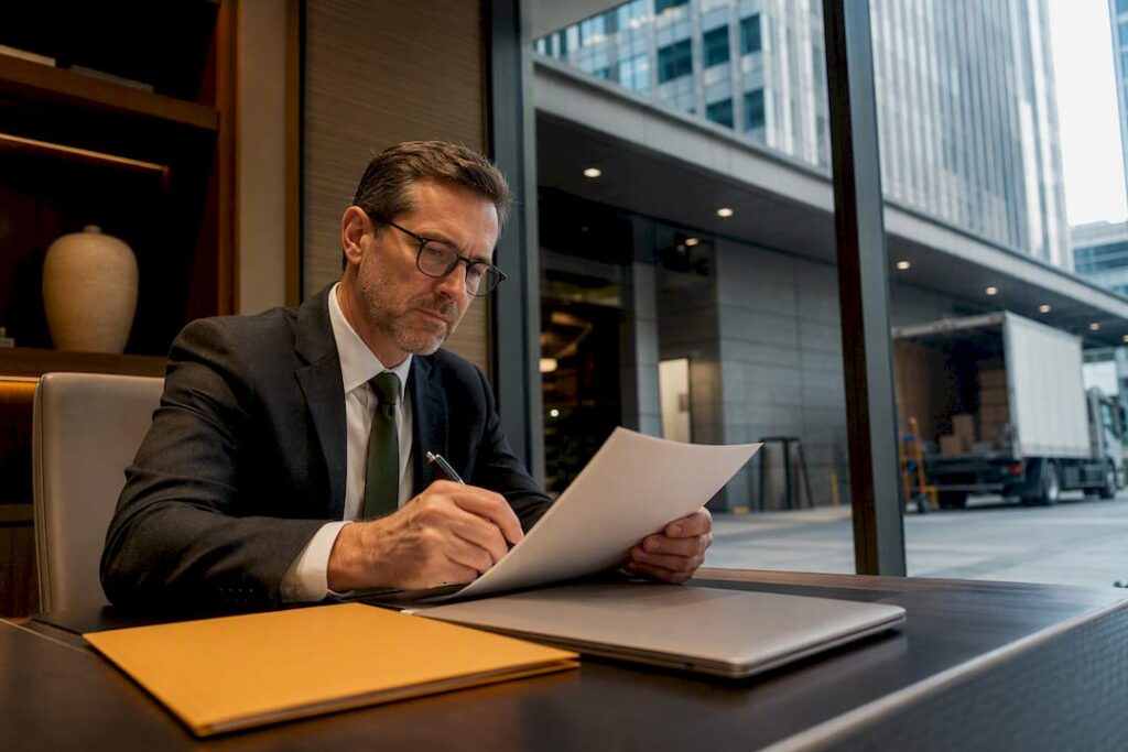 Broker verifying insurance certificate in high-rise office