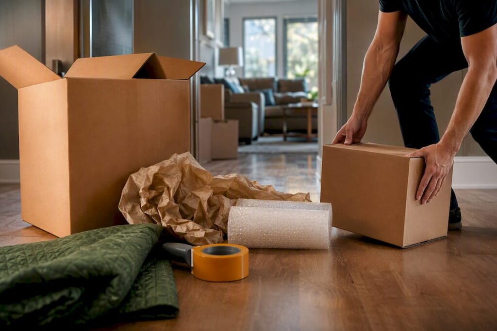Moving boxes and packing supplies in an entryway