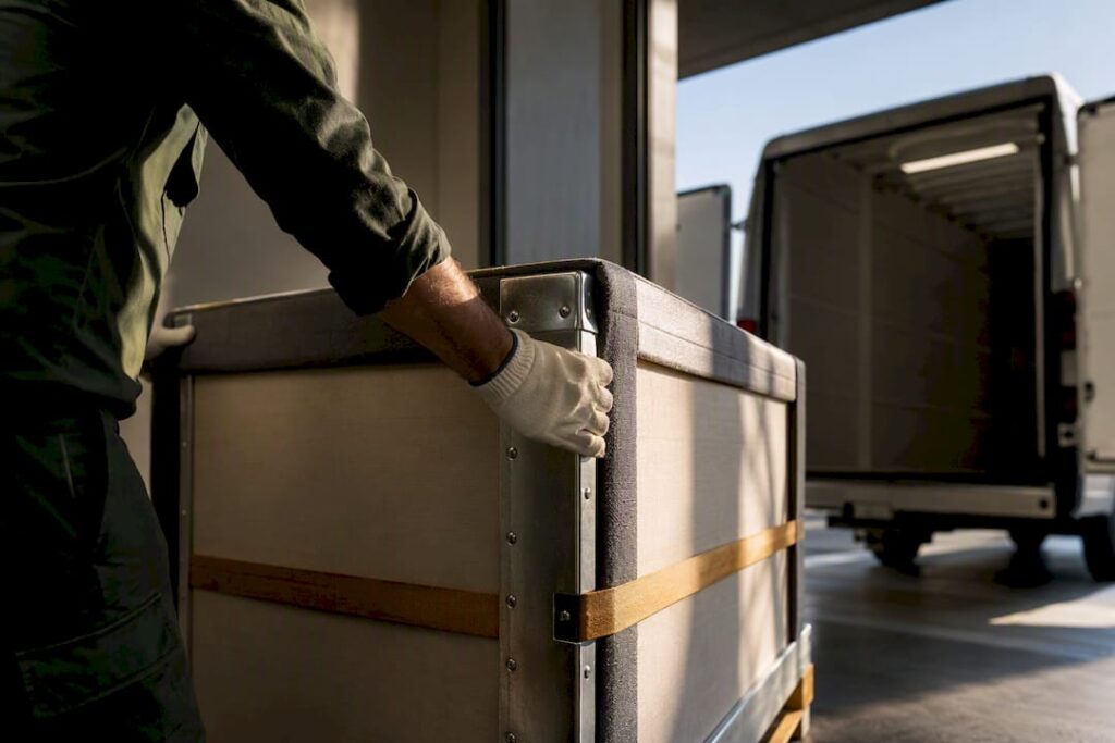 Art handler moving sealed transport crate