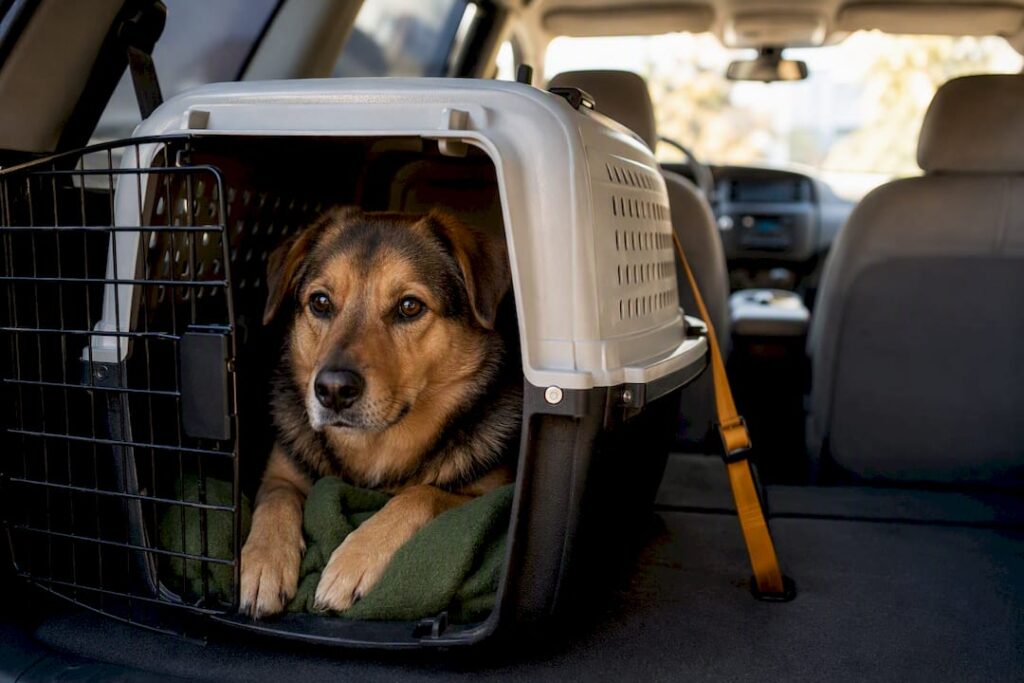Dog resting securely in travel carrier