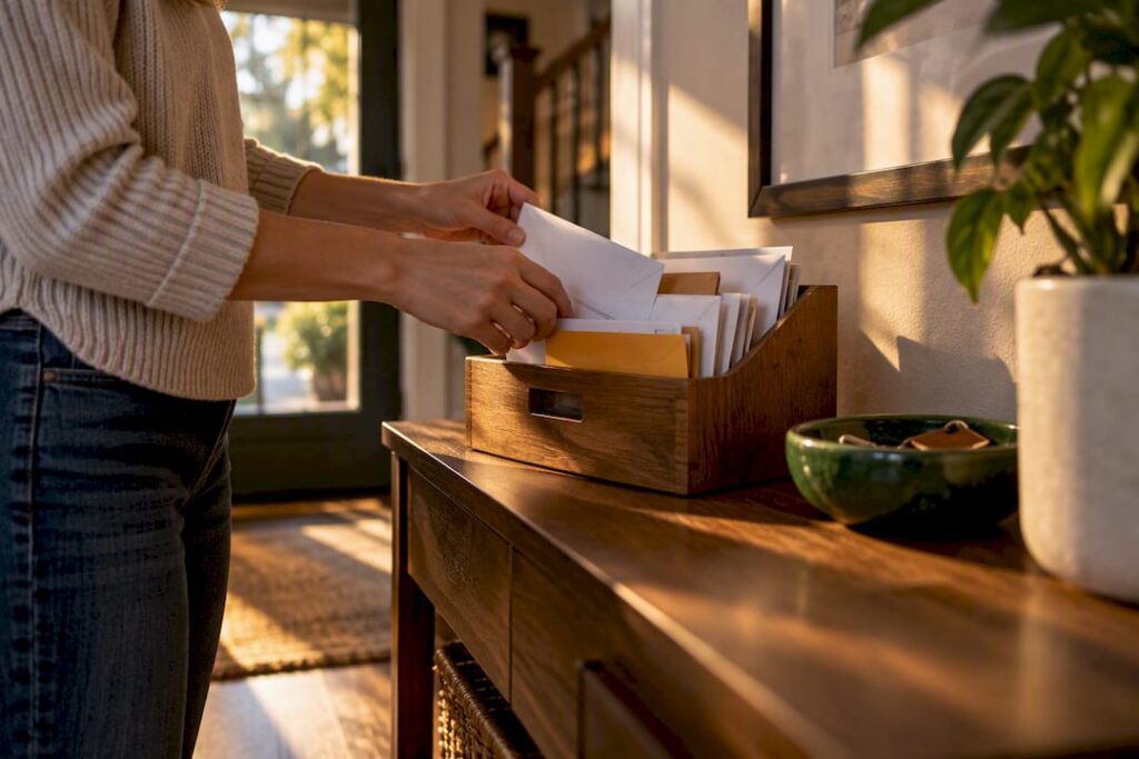 Hands sorting mail for address forwarding